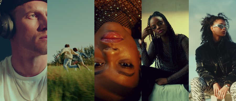 Collage of people with distinct styles: headphones, outdoor run, close-up, seated with braids, and sunglasses with zebra pants.